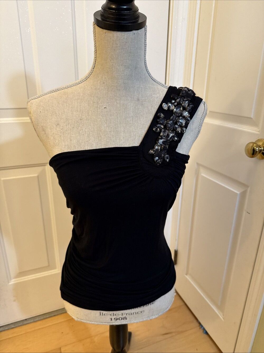 Y2K ONE SHOULDER TOP Kenar Black Size S Beaded Tank Built In Bra